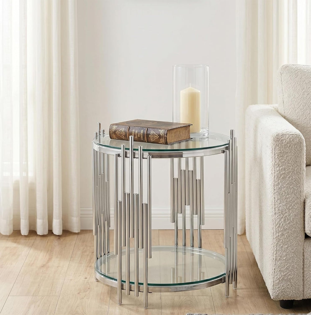 19.69” Round Glass End Table, 2-Tier Side Table with Clear Tempered Glass Top...