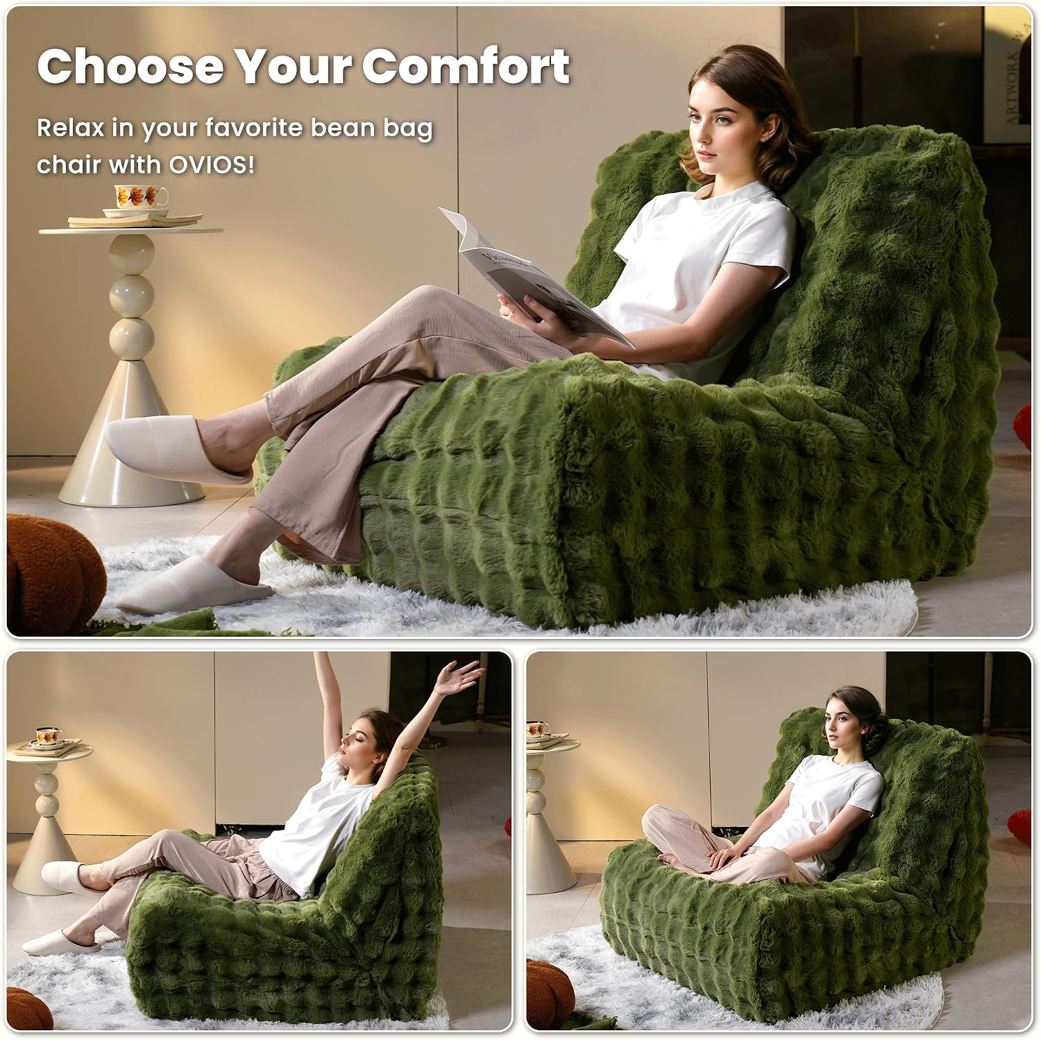 ovios Bean Bag Chair for Adult, Giant Beanbag with Plush Faux Fur, Comfy Large Big Lounger Floor Lazy Chair for Indoor Fireside Living Room Bedroom Dorm, Green