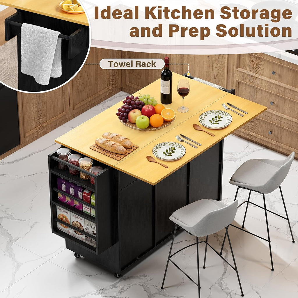 YESHOMY Kitchen Island on Wheels with Trash Cabinet, 56" Mobile Cart with Drop Leaf and Drawers, Rolling Portable Table with Spice Rack & Towel Holder for Dining Room, Black