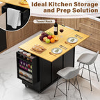 YESHOMY Kitchen Island on Wheels with Trash Cabinet, 56" Mobile Cart with Drop Leaf and Drawers, Rolling Portable Table with Spice Rack & Towel Holder for Dining Room, Black
