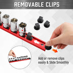 ALOANES Magnetic Socket Organizer 3/8-Inch Drive, Socket Rail Organizer Heavy Duty Aluminum, 360° Swivel Clips Socket Holder Kit, 3/8-Inch Socket Holder x 14 Clips (Red)