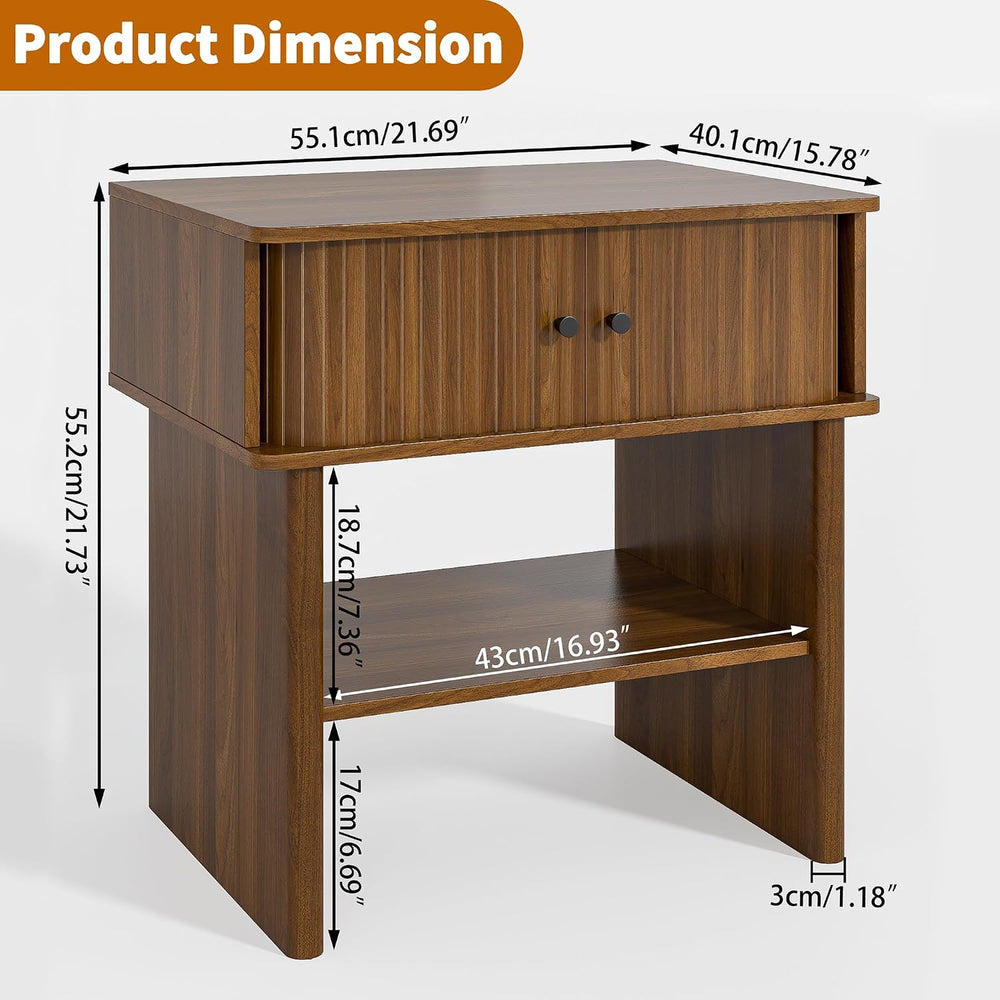 Nightstand with Fluted Sliding Door, 3-Tier Side Table with Hidden Cabinet an...