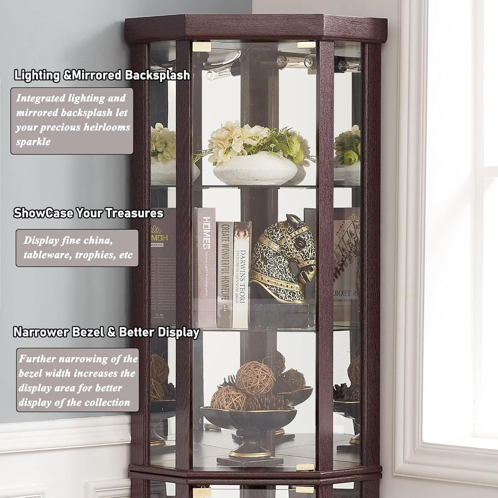 69" H Lighted Corner Curio Cabinet Display Case With Adjustable Shelves,...