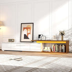 Extendable TV Stand with LED Light, Modern Entertainment Center for up to 120 Inch TV, Wood TV Media Console with 2 Drawers & 2 Cabinets for Living Room Bedroom, 75"-110", High Gloss White & Walnut