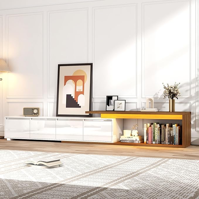 Extendable TV Stand with LED Light, Modern Entertainment Center for up to 120 Inch TV, Wood TV Media Console with 2 Drawers & 2 Cabinets for Living Room Bedroom, 75"-110", High Gloss White & Walnut