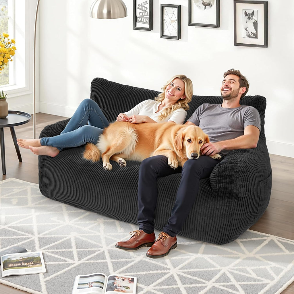 59" Bean Bag Chair,2 Seat Loveseat Sofa,Corduroy Lazy Sofa Bed for Adults,Fit Living Room, Bedroom,Outdoor Spaces,Ultra Soft Dutch Velvet,Fluffy Comfort Washable Cover,72h Rebound,Black