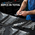 80 pcs Modular Wrench Organizers for Tool Drawers - Wrench Rack with Metric & SAE Labels, Perfect Tool Storage Holder. Gift for father, brother and boyfriend (No Magnet, Black)