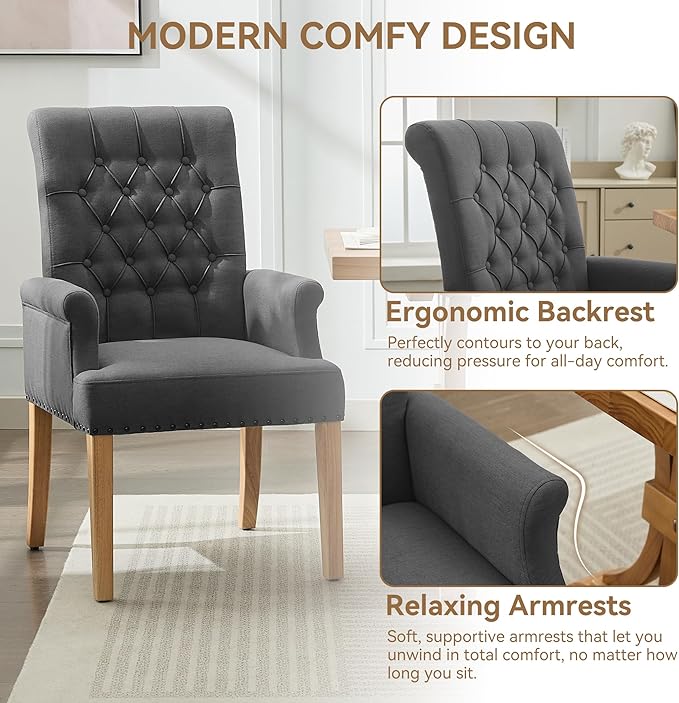 Fabric Dining Chair with Arms, Upholstered Tufted High Back Dining Room Chair...