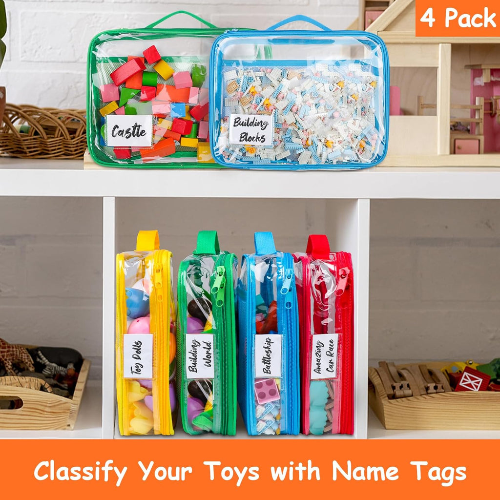 4 Pack Toy Storage Organizer Bag for Lego Bricks, Clear PVC Zippered Blocks Set with Manual Pocket& Name Tag, Waterproof Toy Carrying Case for Board Games& Building Blocks (Large, Colorful)