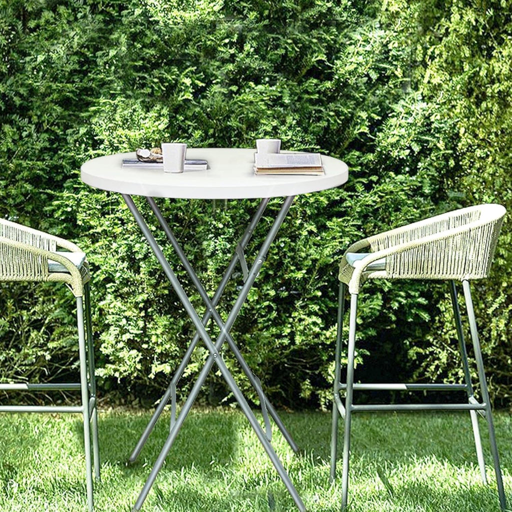 32in Cocktail Table, Plastic Folding Round High Top Indoor Outdoor Use, Foldable Bar Height Table for Parties and Commercial Events (White, 2 Pcs)