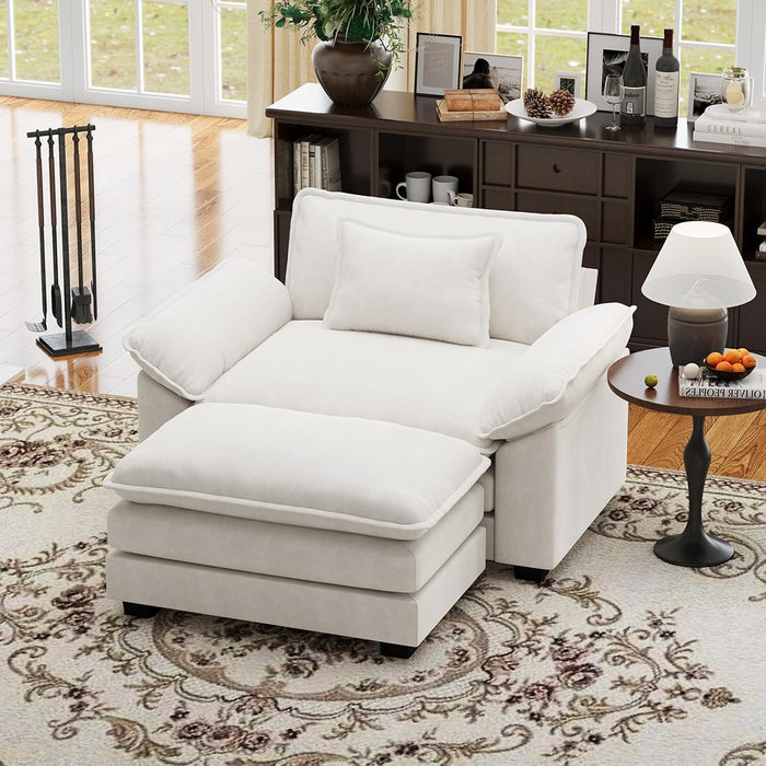 CDCASA 50'' Oversized Chair with Movable Ottoman, Velvet Comfy Cloud Sofa Accent Chairs w/Large Seat and Armrests, Modern Extra Wide Armchair Reading Chair for Living Room, Bedroom, Beige