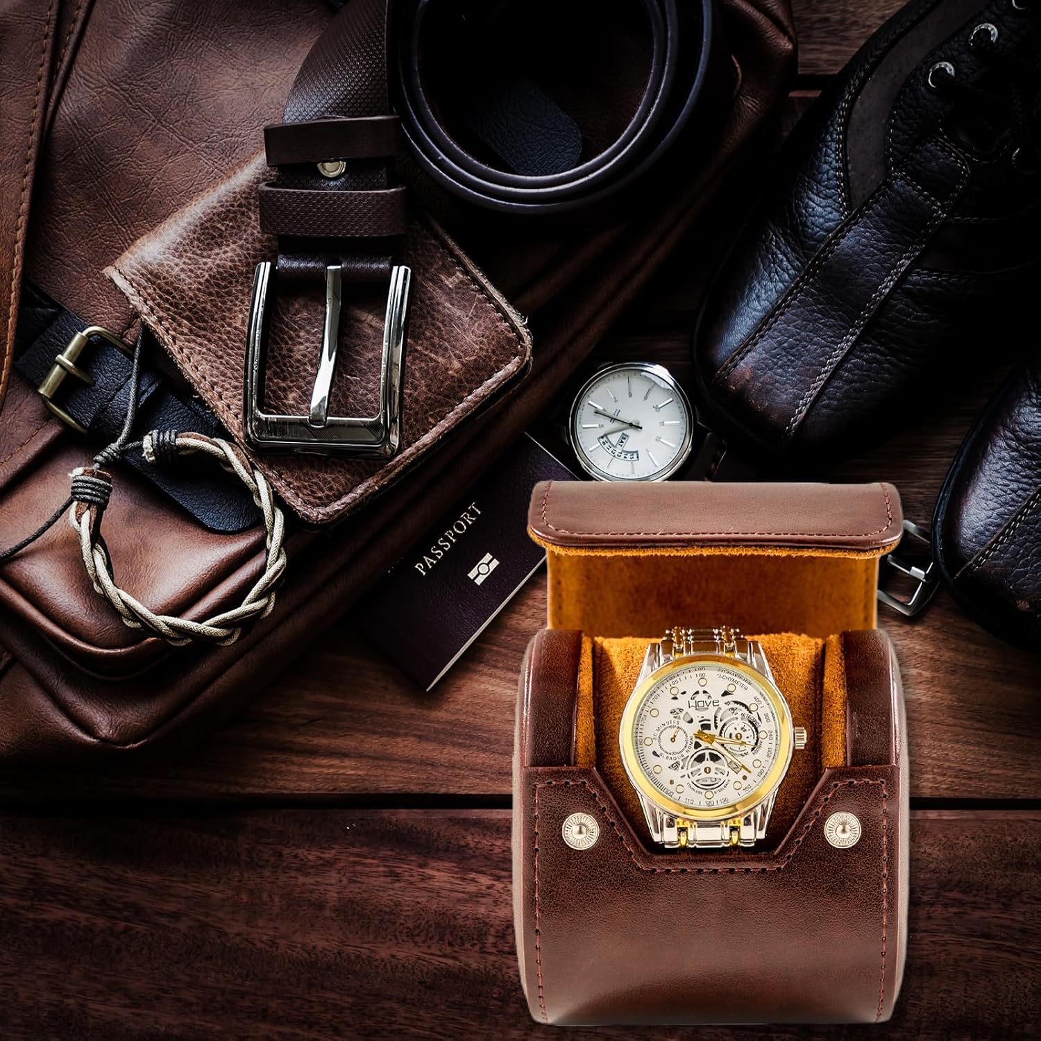 MR.OKAY Single Watch Travel Case- Classic Leather Watch Case With Perfect Texture.Portable Watch Roll Or Organizer For Storage And Display. Luxury Gifts For Men, All Handmade by Artisans.