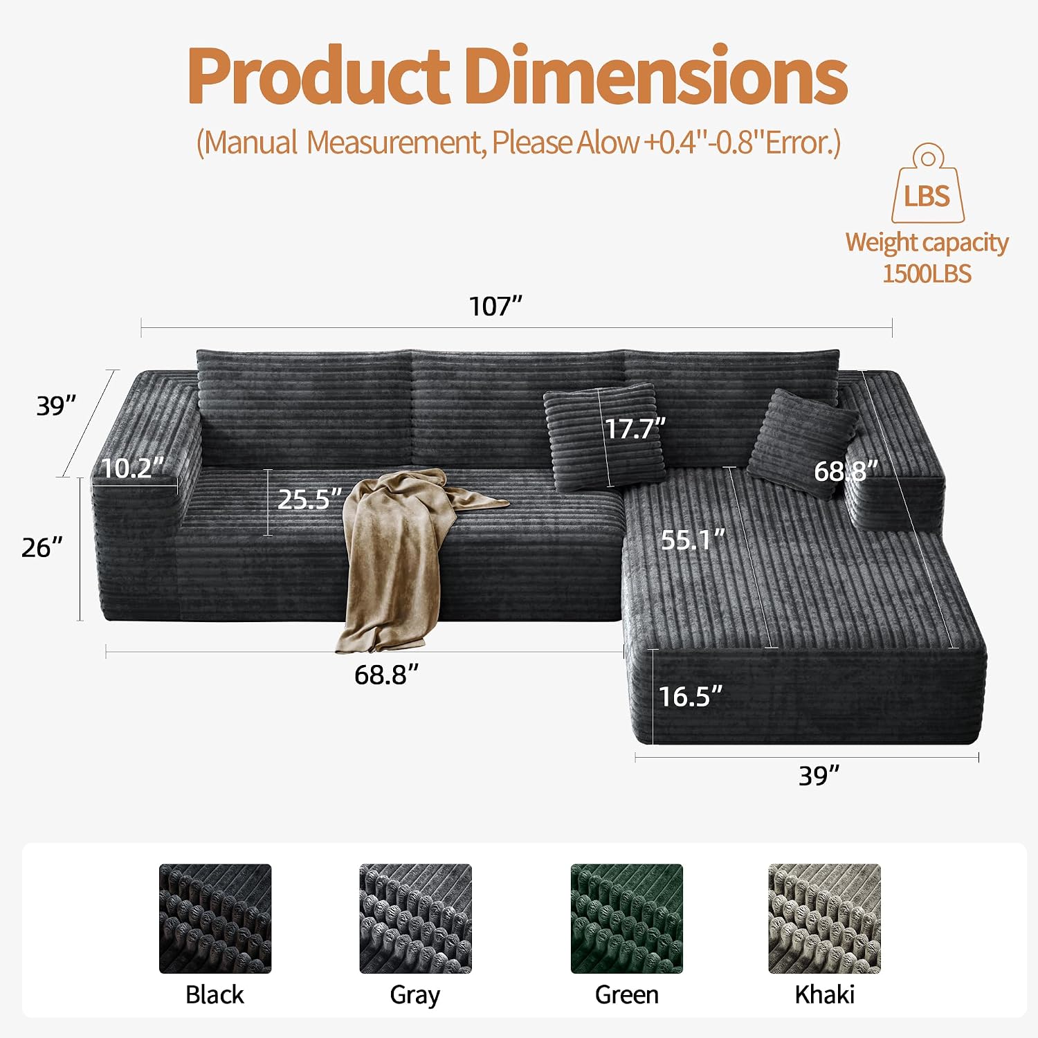 Boneless Sectional Couch for Living Room, Modular Sectional Sofa | 107" Modern L Shaped Could Couch Deep Seat Corduroy Floor Sofa, No Assembly Required, (Grey,107" L-shaped Right)