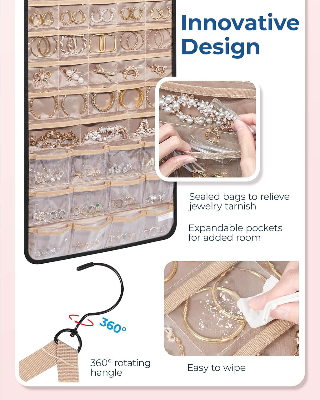 BAGSMART Hanging Jewelry Organizer, Necklace Holder Anti-tangle Earrings Rings Hanger with Pockets Hang on Closet, Wall, Door,1 Piece, Extra Large Black
