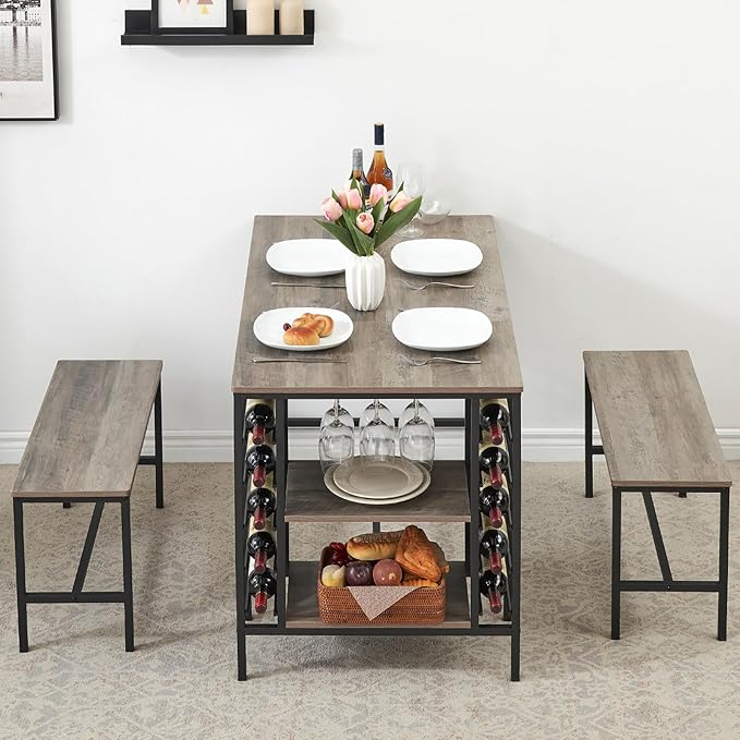 Dining Table Set for 4, Kitchen Table Set for 4 with 2 Benches, 3 Piece Dining Room Table Set for Small Space Apartment, Grey