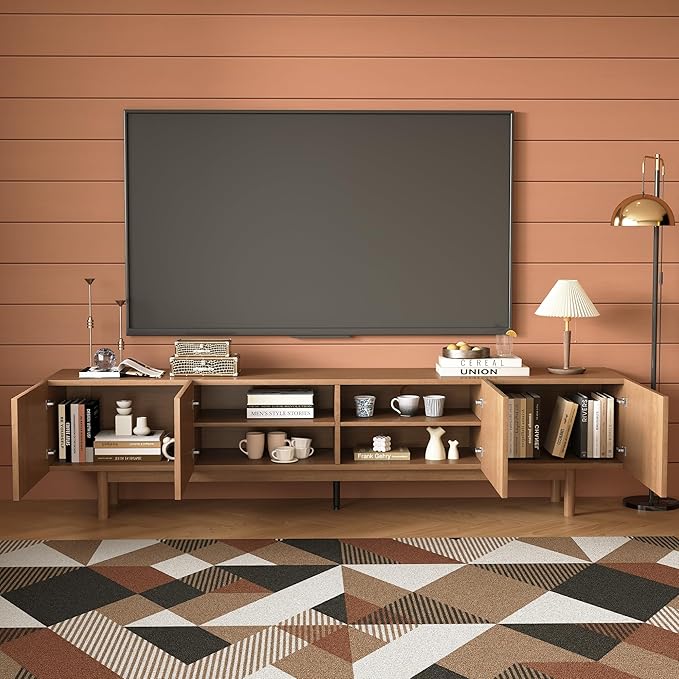 86.61" Mid-Century Modern TV Stand for TVs up to 85", Walnut Entertainment Console with Solid Wood Legs and Large Storage, Sturdy Media Cabinet for Living Room & Bedroom