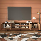 86.61" Mid-Century Modern TV Stand for TVs up to 85", Walnut Entertainment Console with Solid Wood Legs and Large Storage, Sturdy Media Cabinet for Living Room & Bedroom