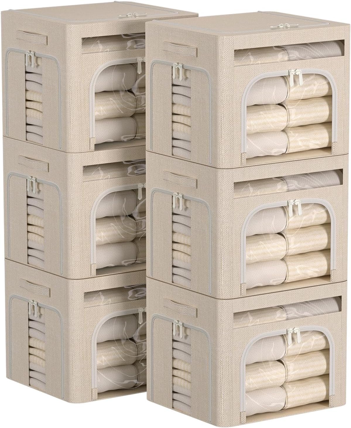 FHSQX 6 Pack Foldable Storage Bins for Clothes Clothes Storage Bins with Metal Frame Stackable Storage Box with Lid (Beige, 16.5x12.2x12.2 inch (40L))