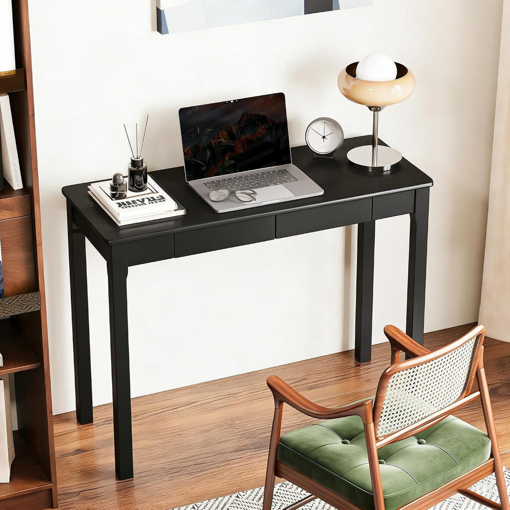 Solid Wooden Desk with Drawers - 39 x 16 Inch Modern Narrow Desks, Rubberwood...