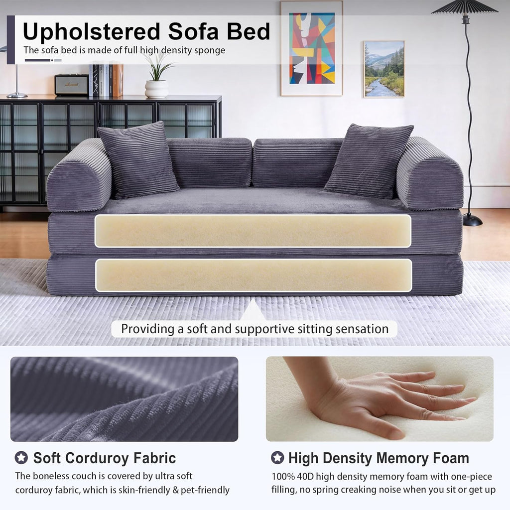 JJJ 78 inch Sofa Bed 4-in-1 Boneless Convertible Corduroy Sleeper Folding Couch with Fixed-Shape Frame and 2 Futons No Assemble Required 3 Seater Upholstered for Living Room (Gray, 78 inch)