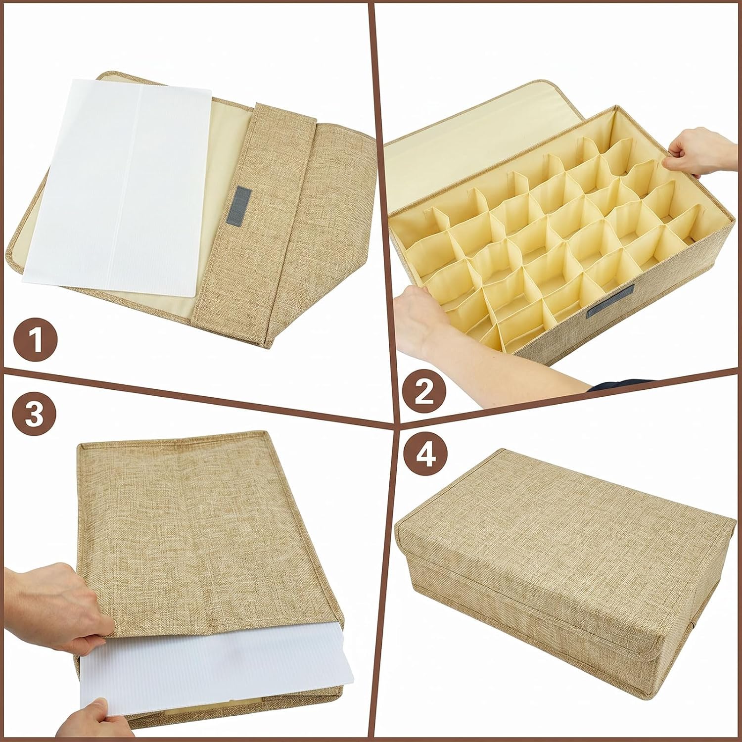 Beige Sock Organizer Divider 2 Pack with Lid - 30 Cell Foldable Closet Storage, Tie Organizer For Men Boxes for Socks, Ties, Belts