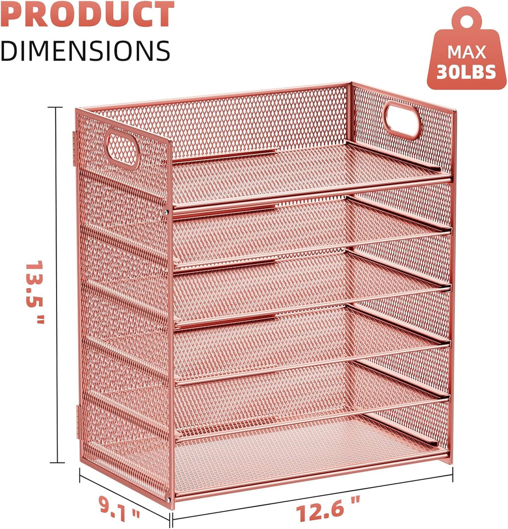 Marbrasse 2 Pack Desk Organizer with Handle, 6 Tier Paper Letter Tray, Mesh Desk File Organizer for Office, School and Home - Rose Gold
