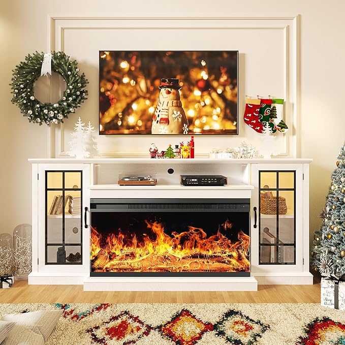 oneinmil 36 Inch 3-Sided Glass Fireplace TV Stand for TVs up to 80", Rustic Media Entertainment Center Console Table with Glass Door Closed Storage, Set of TV Table, White