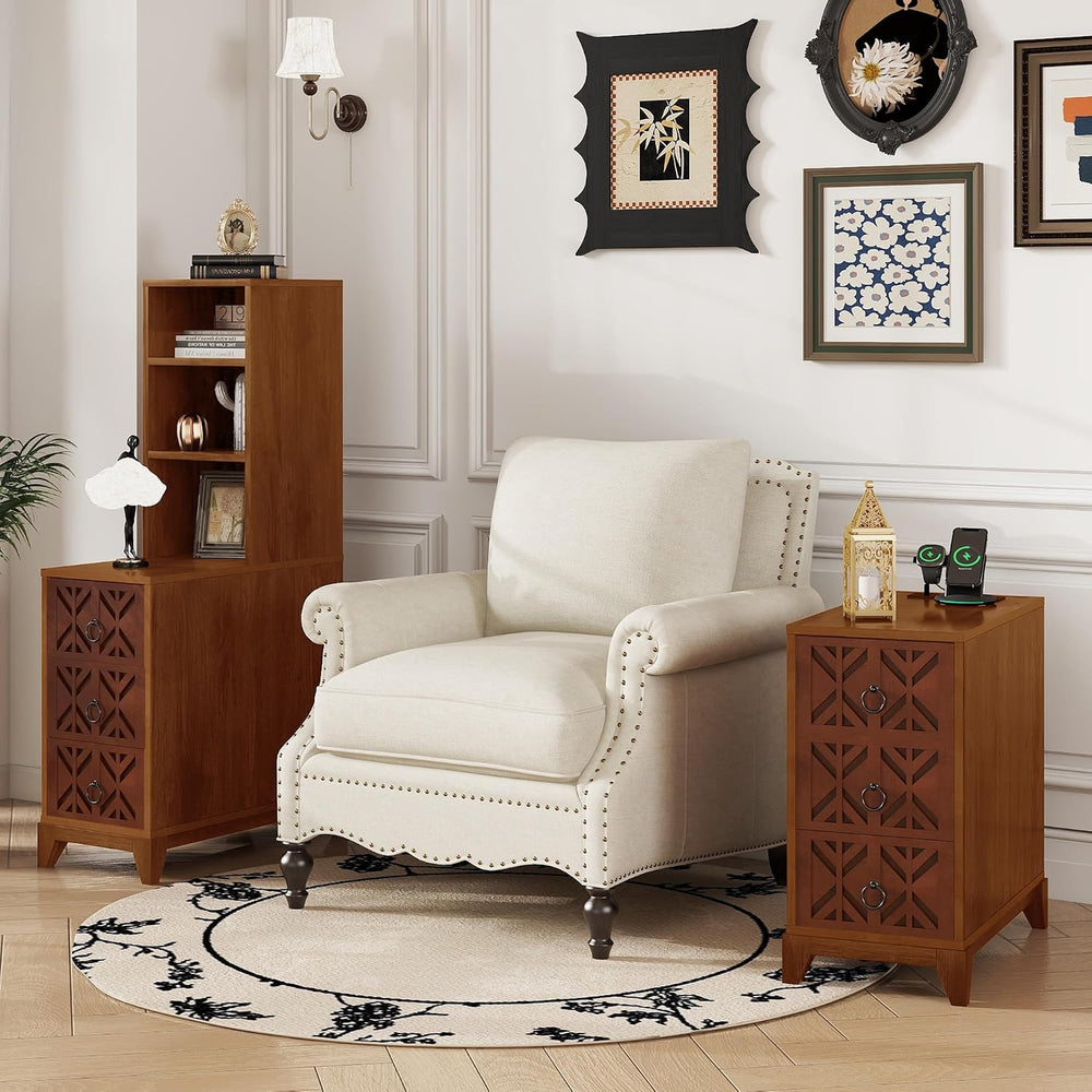 End Table with 3 Drawers and 2 Open Shelves, Walnut Finish Corner Table for B...