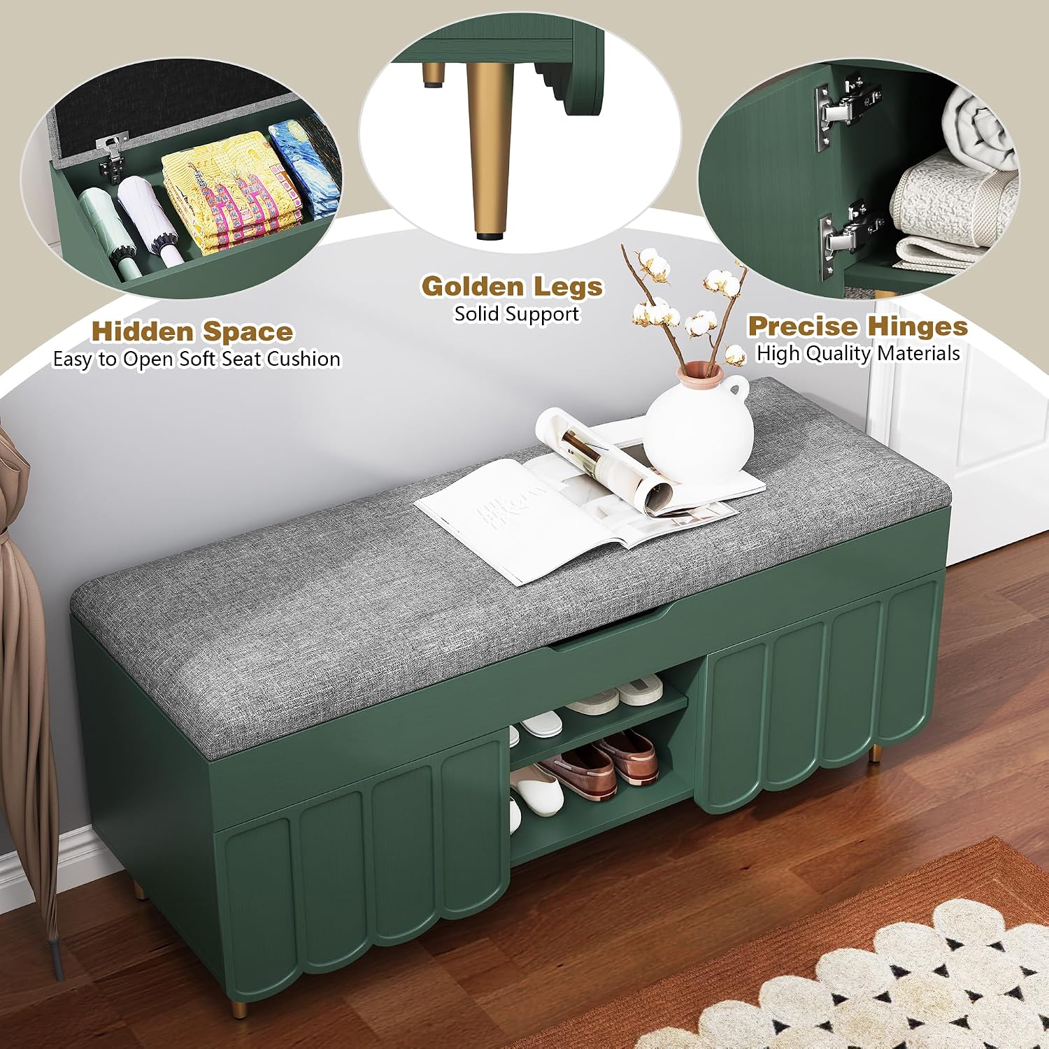 3More 40" Entryway Shoe Storage Bench,Upholstered Hidden Space Beneath Seat Cushion Bench,2-Tier Unique Geometric Shape with Wood Grain,Green