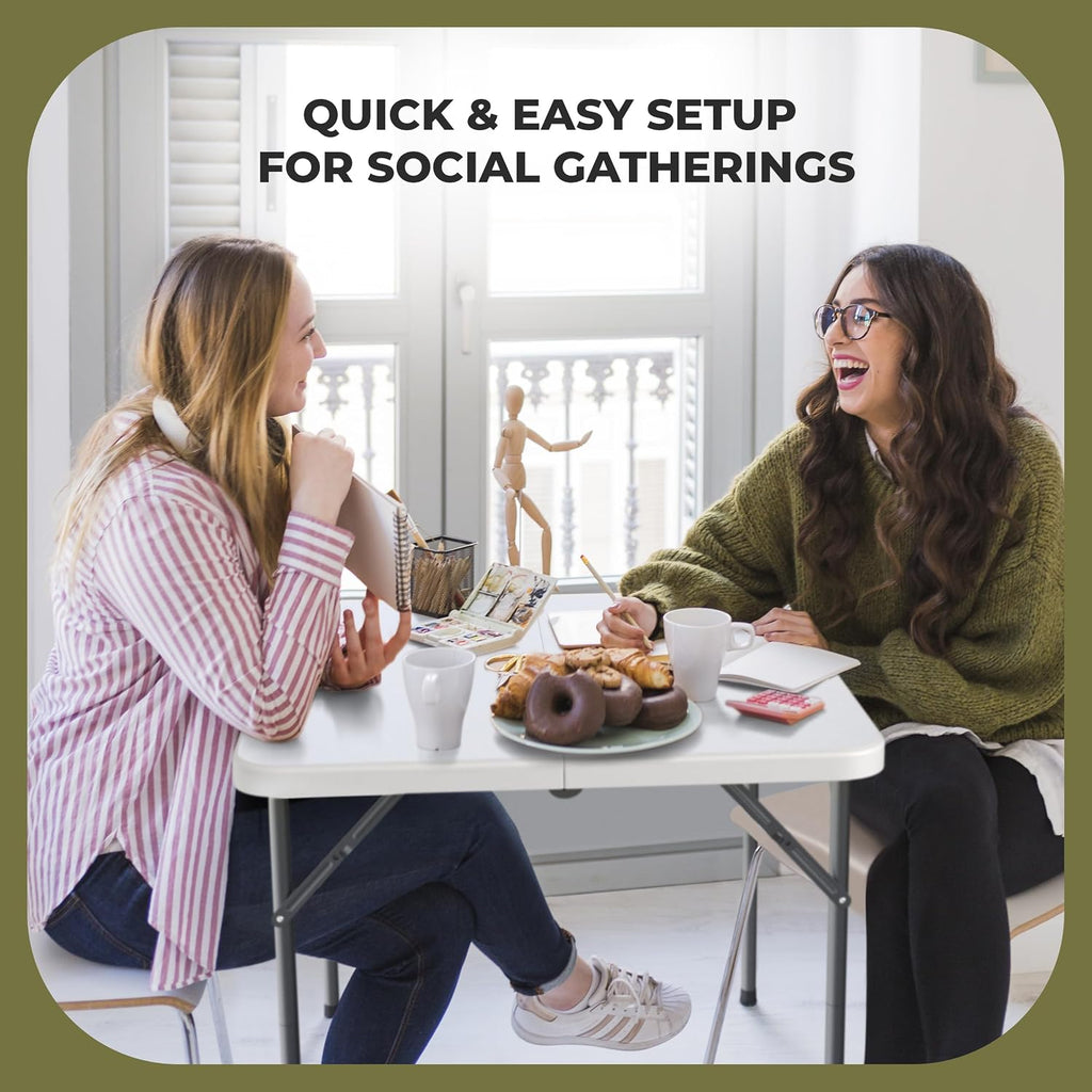 Our Modern Space 34" Square Foldable Table with Built in Handle & Steel Legs | Heavy Duty Portable | Perfect for Party, Dining, Wedding, Events, Picnic Indoor, Outdoor, Camping, Utility, Temporary