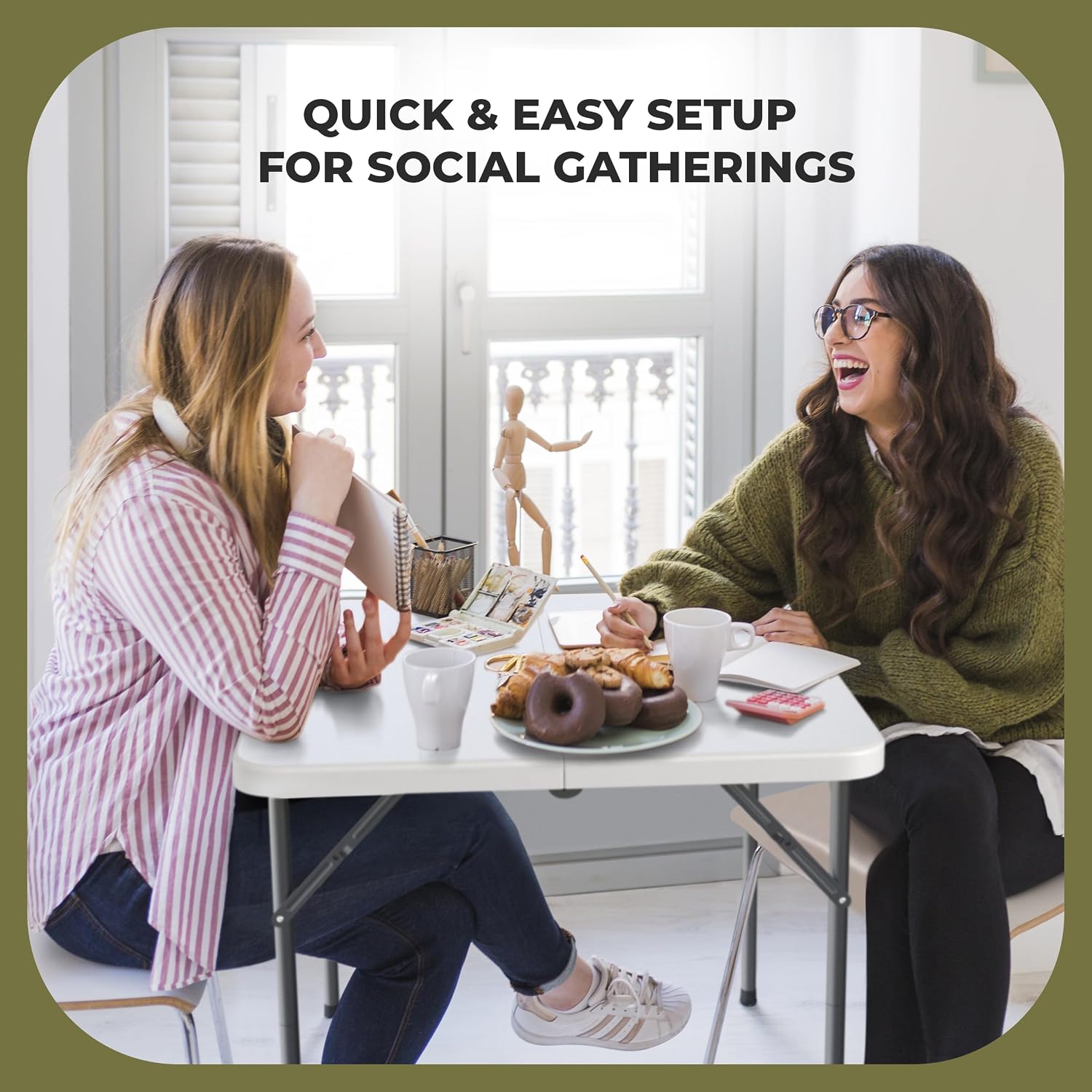 Our Modern Space 34" Square Foldable Table with Built in Handle & Steel Legs | Heavy Duty Portable | Perfect for Party, Dining, Wedding, Events, Picnic Indoor, Outdoor, Camping, Utility, Temporary