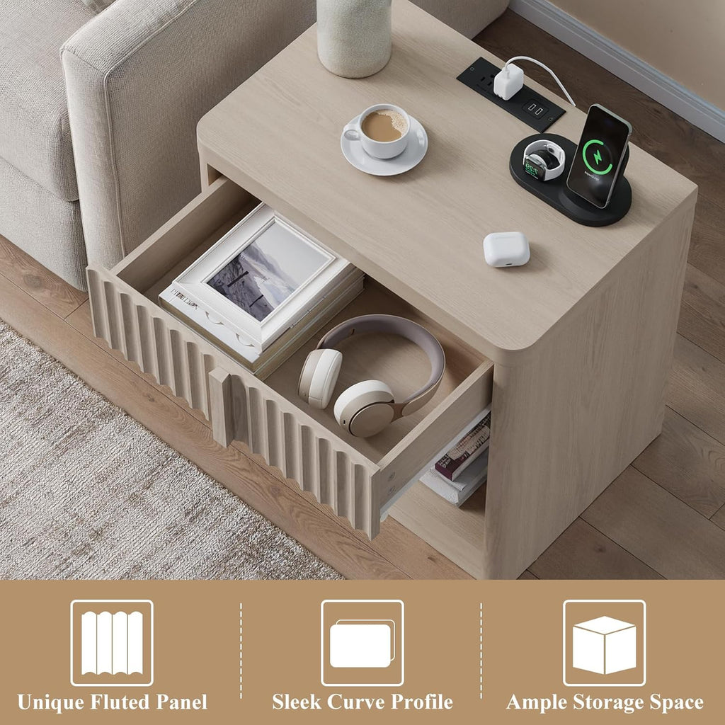 Fluted Nightstand with Charging Station, 23.6" End Table with Solid Wood Handle,Night Stand with Curved Profile Design, Mid Century Moden Bedside Table for Bedroom, Living Room, White Alder