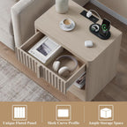 Fluted Nightstand Set of 2 with Charging Station, 23.6" Wood End Table with Solid Wood Handle, Curved Profile Design, Mid Century Moden Bedside Table for Bedroom, White Alder