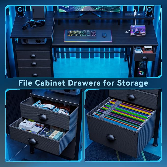 Furologee 60" Black Computer Desk with 4 Drawers and Printer Space, Gaming Desk with LED Lights and USB Power Outlets, Home Office Desk with Fabric File Cabinet,Study Work Table with Shelf for Bedroom