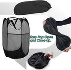 BATTOO Strong Mesh Pop Up Hampers for Laundry, Collapsible Laundry Baskets with Side Pocket Carry Handles for Laundry Room, Bathroom, Kids Room, College Dorm or Travel Black
