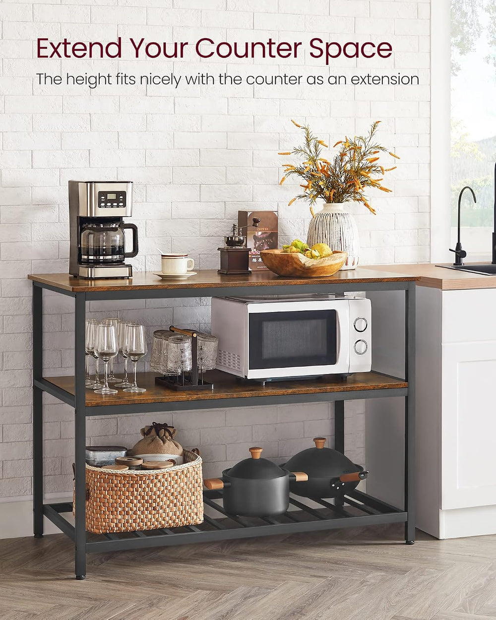 VASAGLE Kitchen Island with 3 Shelves, 47.2 Inches Width Kitchen Shelf with L...