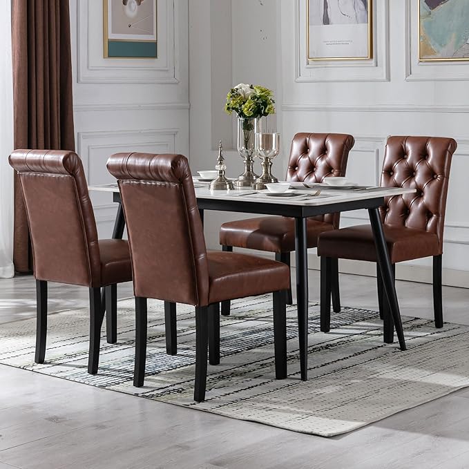 Farmhouse Dining Chairs Set of 8, PU Leather Kitchen Chairs Modern Tufted Accent Chair Solid Wood Parsons Side Chairs for Living Room/Bedroom/Resturant/Dinner, (Brown)