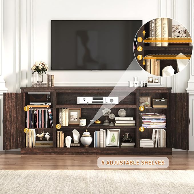 75" Farmhouse TV Stand with Power Outlets for 85 Inch TVs, 33" Tall Entertainment Center with Storage Cabinets w/Adjustable Shelves, Rustic Large TV Media Console, Brown