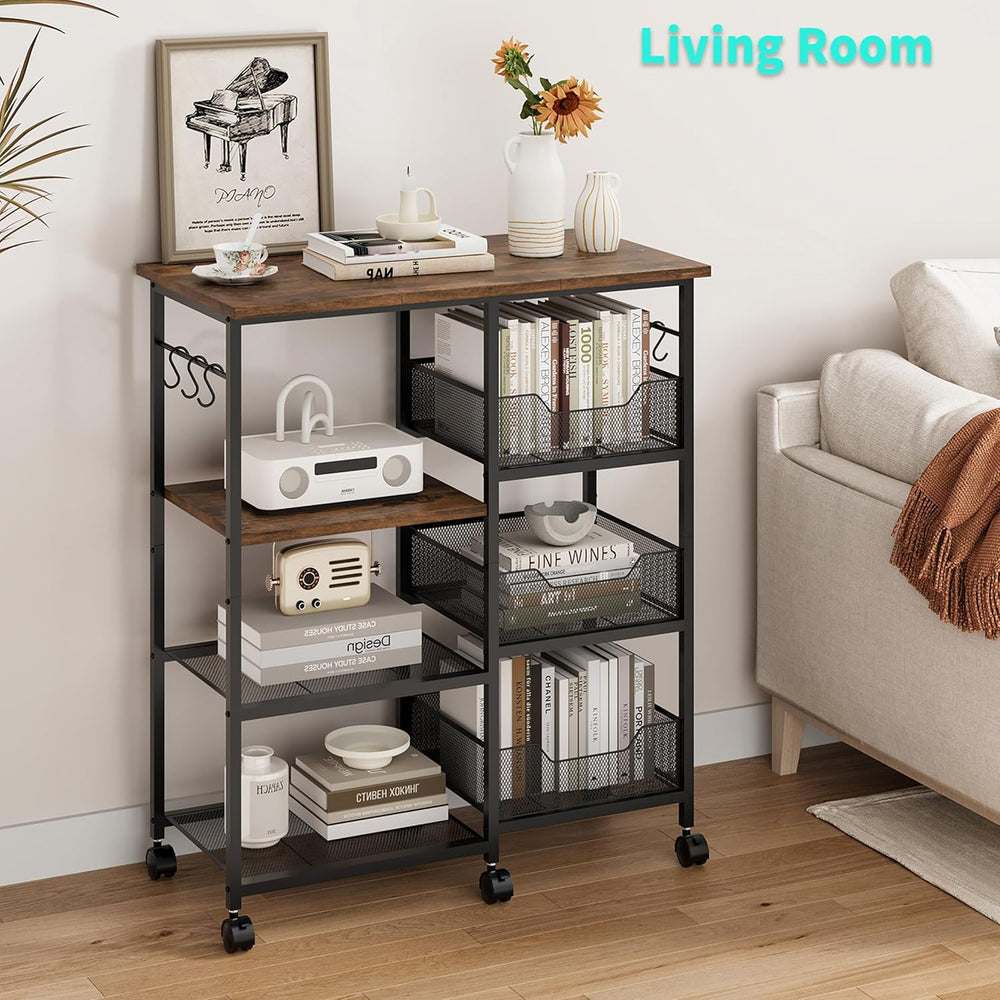 HapiRm Rolling Kitchen Carts with Storage - Microwave Table Stand with 6 Hook...