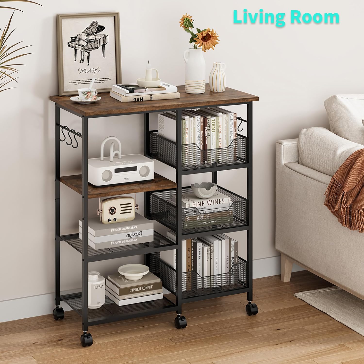 HapiRm Rolling Kitchen Carts with Storage - Microwave Table Stand with 6 Hooks & 3 Baskets, kitchen Island Cart on Lockable Wheels, 28.3" L × 14.6" W Bakers Rack Cart for Dining Room Coffee Bar Office