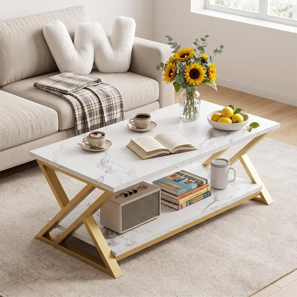 Coffee Table 2-Tier Gold Tables for Living Room,Center Table with Storage