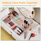Drawer Organizer, 10 Pack Large Clear Plastic Set, 3 Size Versatile Bathroom and Vanity Organizer Trays, Storage Bins for Makeup, Bedroom, Kitchen Utensils