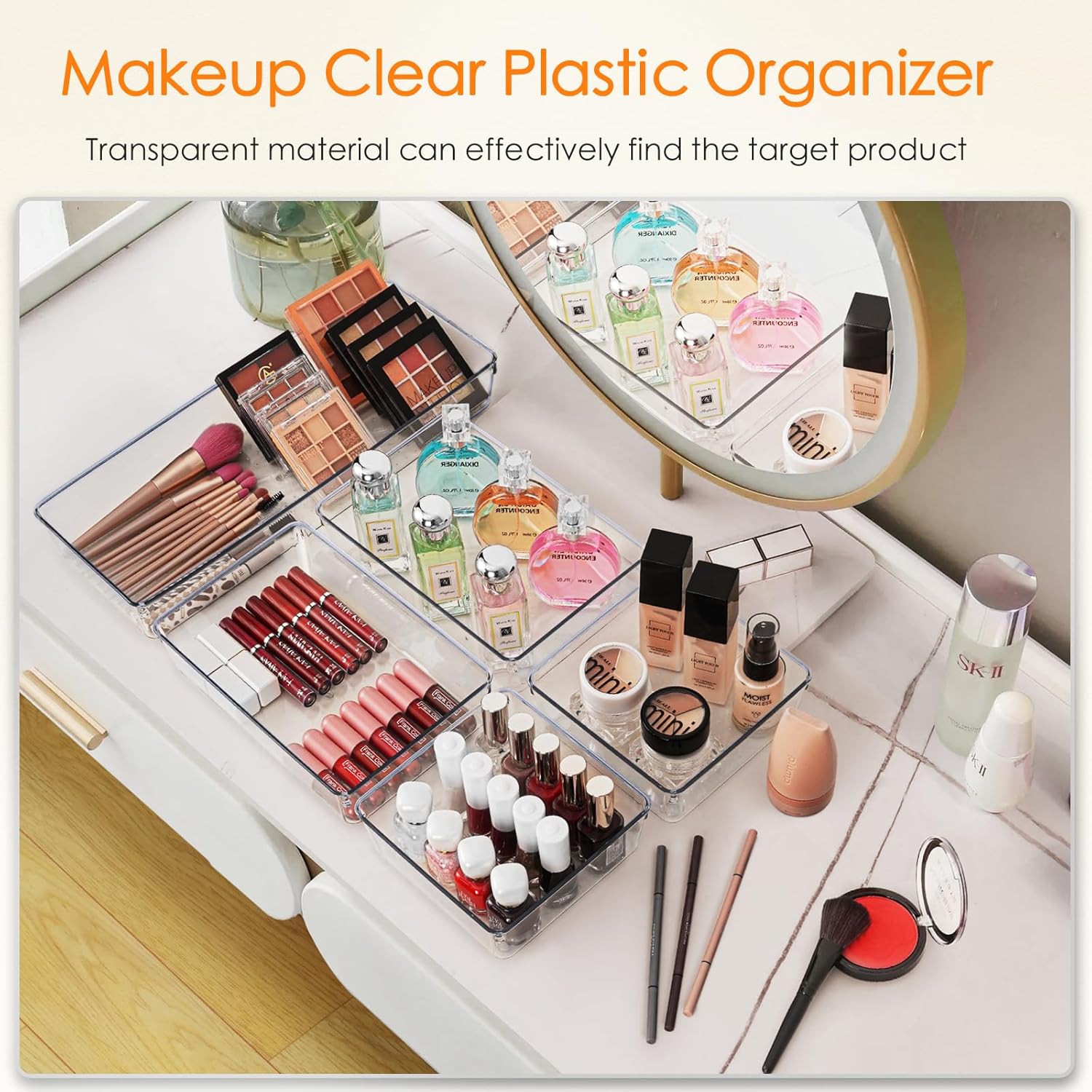 Drawer Organizer, 10 Pack Large Clear Plastic Set, 3 Size Versatile Bathroom and Vanity Organizer Trays, Storage Bins for Makeup, Bedroom, Kitchen Utensils