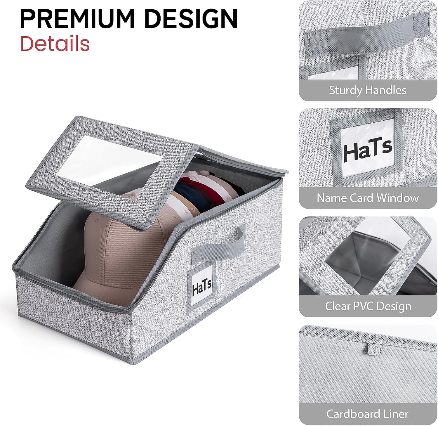 One set hat Storage for Baseball Caps,Gery Stackable box holds up to 18 Caps Hat Organizer for Closet, Black Baseball Cap and Adjustable Shoulder Strap, Hat Organizer Holder Bag for 6 Baseball Caps.