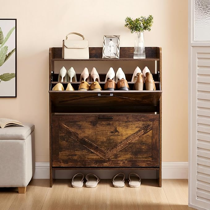 Shoe Storage Cabinet with 2 Flip Drawers, Freestanding Shoe Cabinet Organizer with Metal Flip Frame for Entryway, Hallway, Foyer, Vintage Color