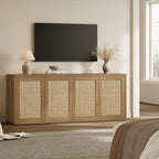 SICOTAS Rattan TV Stand for 65 70 inch TV - Large Entertainment Center TV Consoles for Living Room Bedroom, Farmhouse Television Stands with Storage Cabinet Boho Modular Media Console, Amber Oak