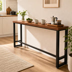 86.6" Solid Wood Bar Height Table - Long Narrow High Top Pub Table with 2" Thick Pine Top & Metal Legs, Farmhouse Counter Height for Kitchen, Breakfast Nook, Coffee Shop, No Stool