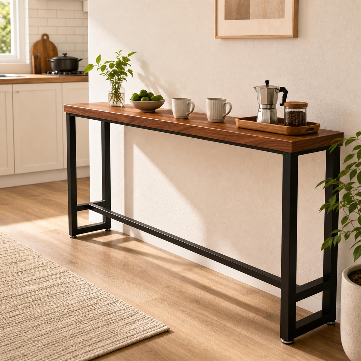 86.6" Solid Wood Bar Height Table - Long Narrow High Top Pub Table with 2" Thick Pine Top & Metal Legs, Farmhouse Counter Height for Kitchen, Breakfast Nook, Coffee Shop, No Stool