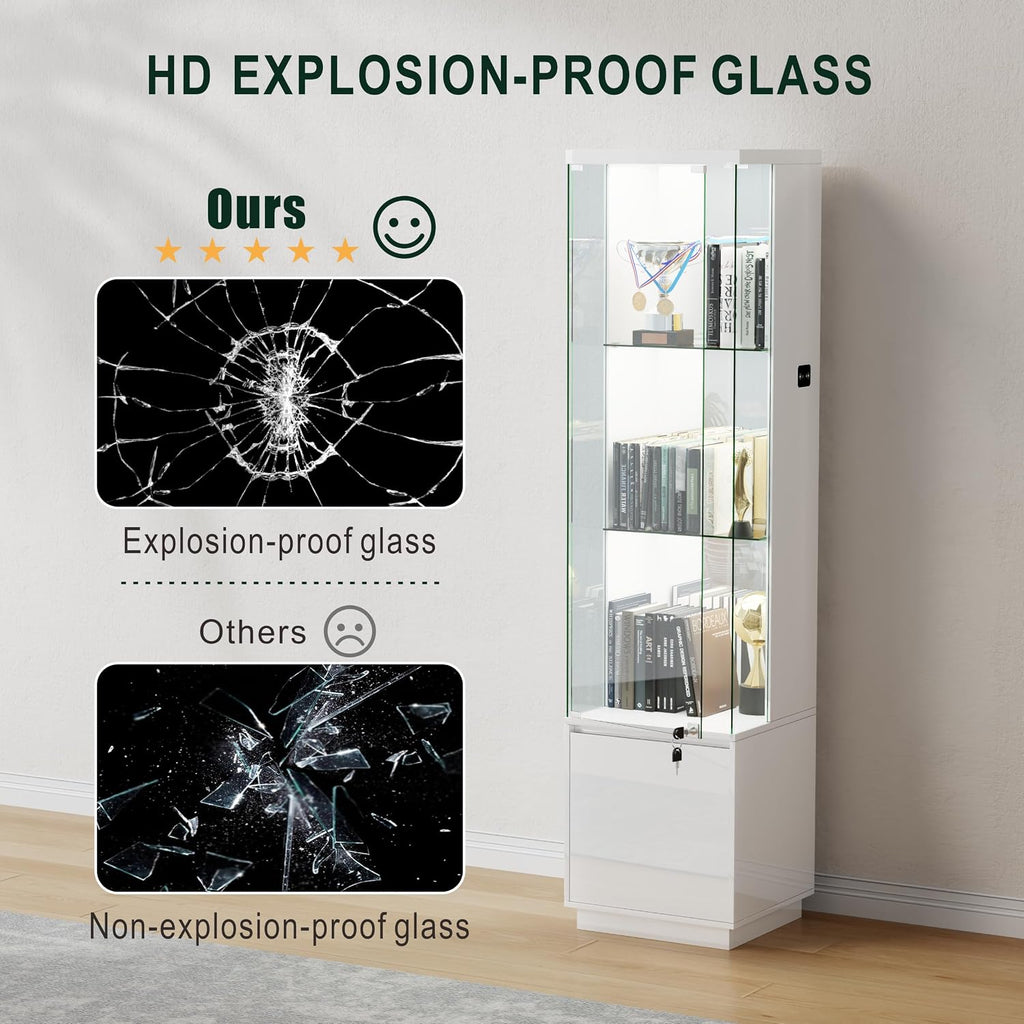 65"H Corner Display Cabinet with Glass Doors and Sensor Lights,lock,White | Lighted Glass Display Cabinet with 3-Tier Glass Shelves,Corner Curio Cabinet with 3 Color Lights for Collectibles