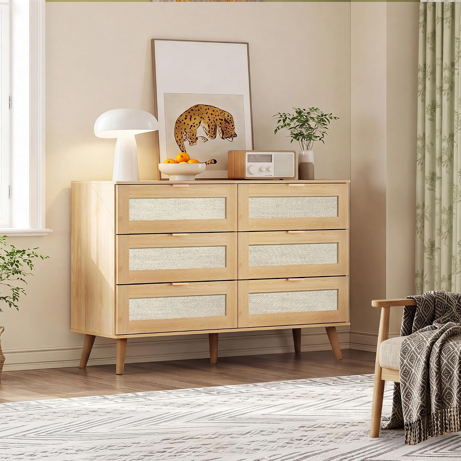 6-Drawer Rattan TV Stand | Boho Wood TV Console Fits Up to 55-inch TV for Living Room，Oak